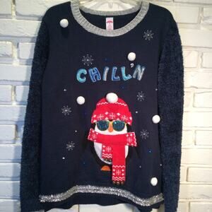 Winter Ugly Sweater Navy Penguin Crew Neck